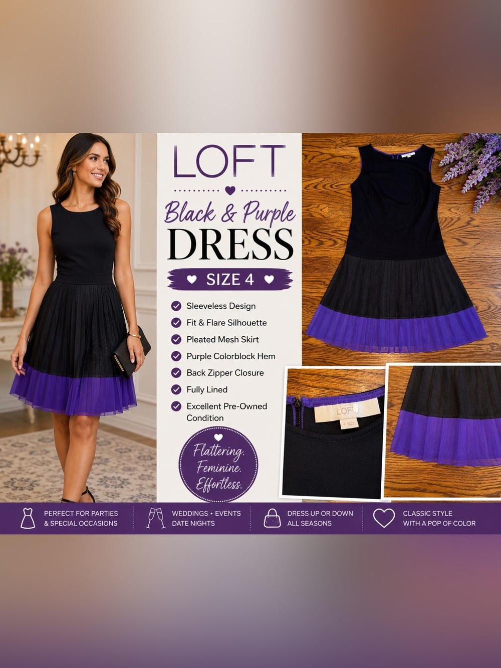 LOFT Black & Purple Sleeveless Fit & Flare Pleated Dress Size 4